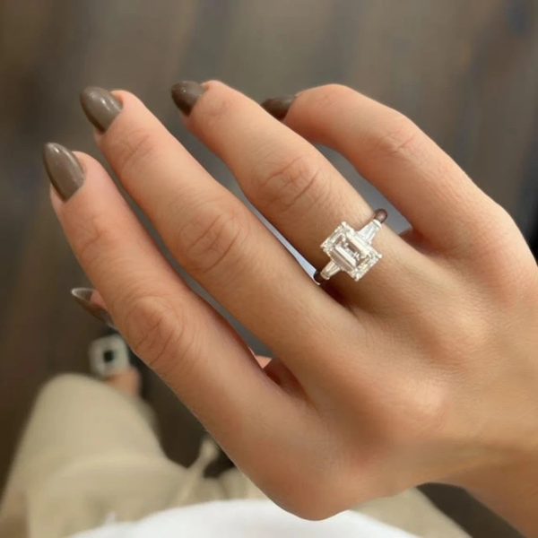 Lab-Created Diamond Ring, 3.02 Carat Three Stone Tapered Baguette in 14K Gold