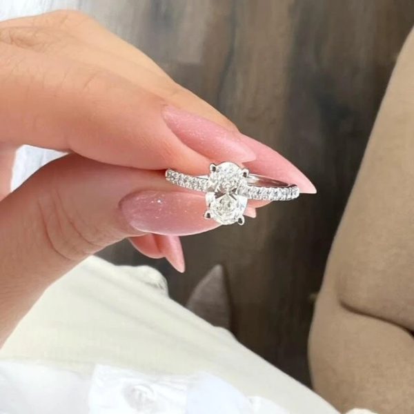 Lab-Created Diamond Ring, 1 Carat Oval Cut with 0.30 Carat Side Diamonds in 14k White Gold