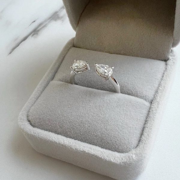 Lab-Created Diamond Ring, 2 Pear Shape Diamonds Open Ring, 0.7 Carat in 14K Gold