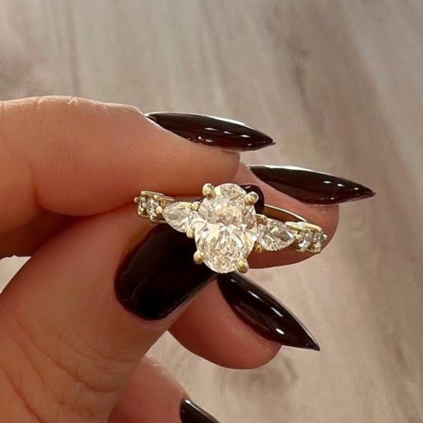 Lab-Created Diamond Ring, 1 Carat Oval Cut with Dazzling Pear-Shaped Sidestones in 14k Yellow Gold