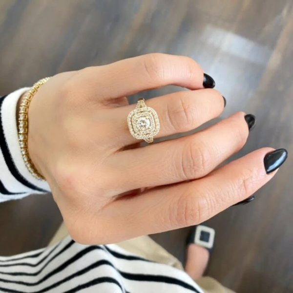 Lab-Created Diamond Ring, Cushion Shape 0.50 Carat F/VS1 in Double Halo - 14k Gold