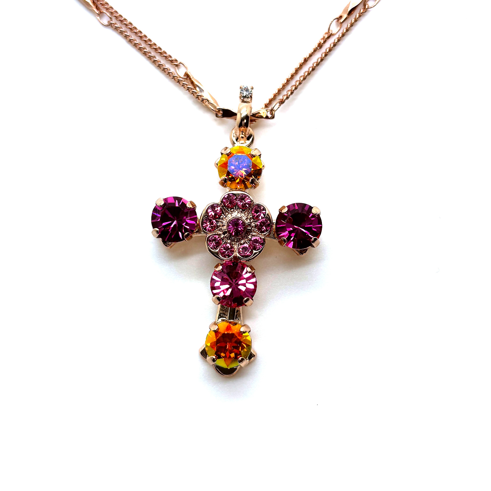 N-5127-4001-RG (2) Cross Pendant By Mariana Woman Sparkling Pink Fuchsia and Opal Swarovski Crystals - Image 1